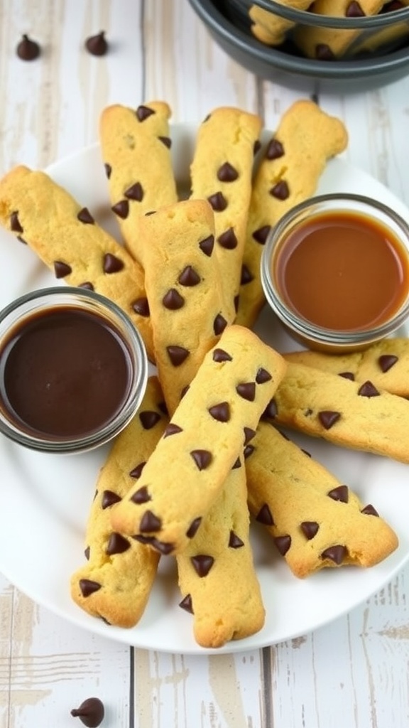 Chocolate chip cookie fries on a plate with dipping sauces.